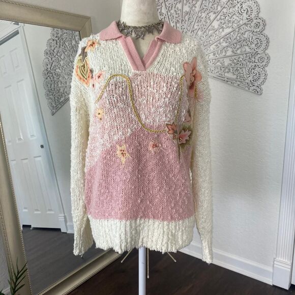 White Pink Vintage Chunky Coquette Flower Pearl Embroidered Collared Sweater M - Picture 2 of 8